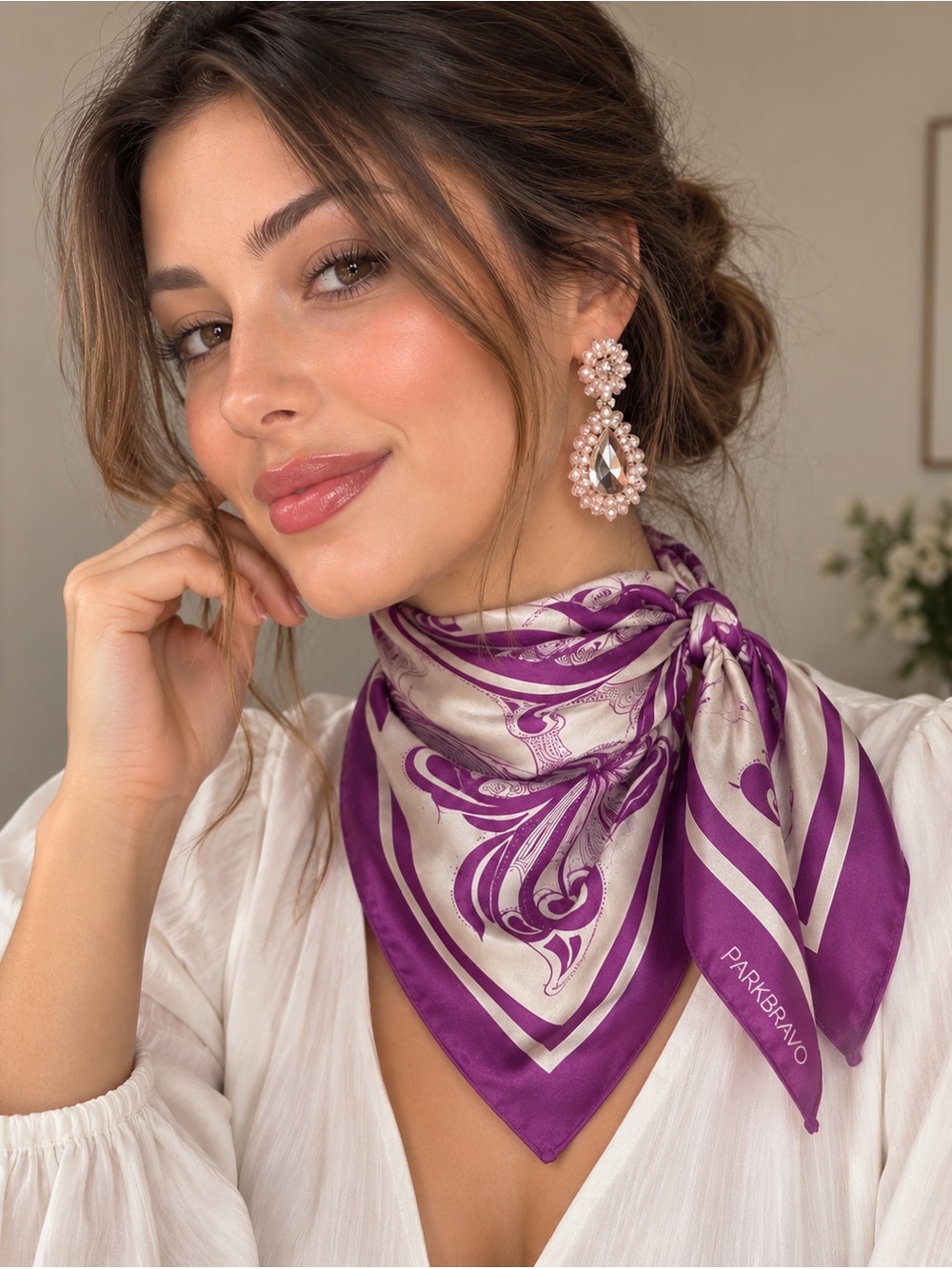 ParkBravo Purple Butterfly Print Silk-Feel Square Scarf